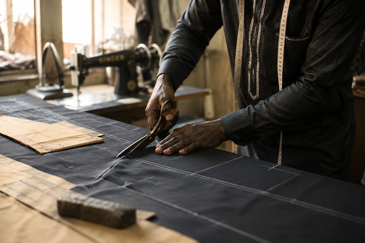 Tailor cutting fabric for an ỌNUỌRA garment